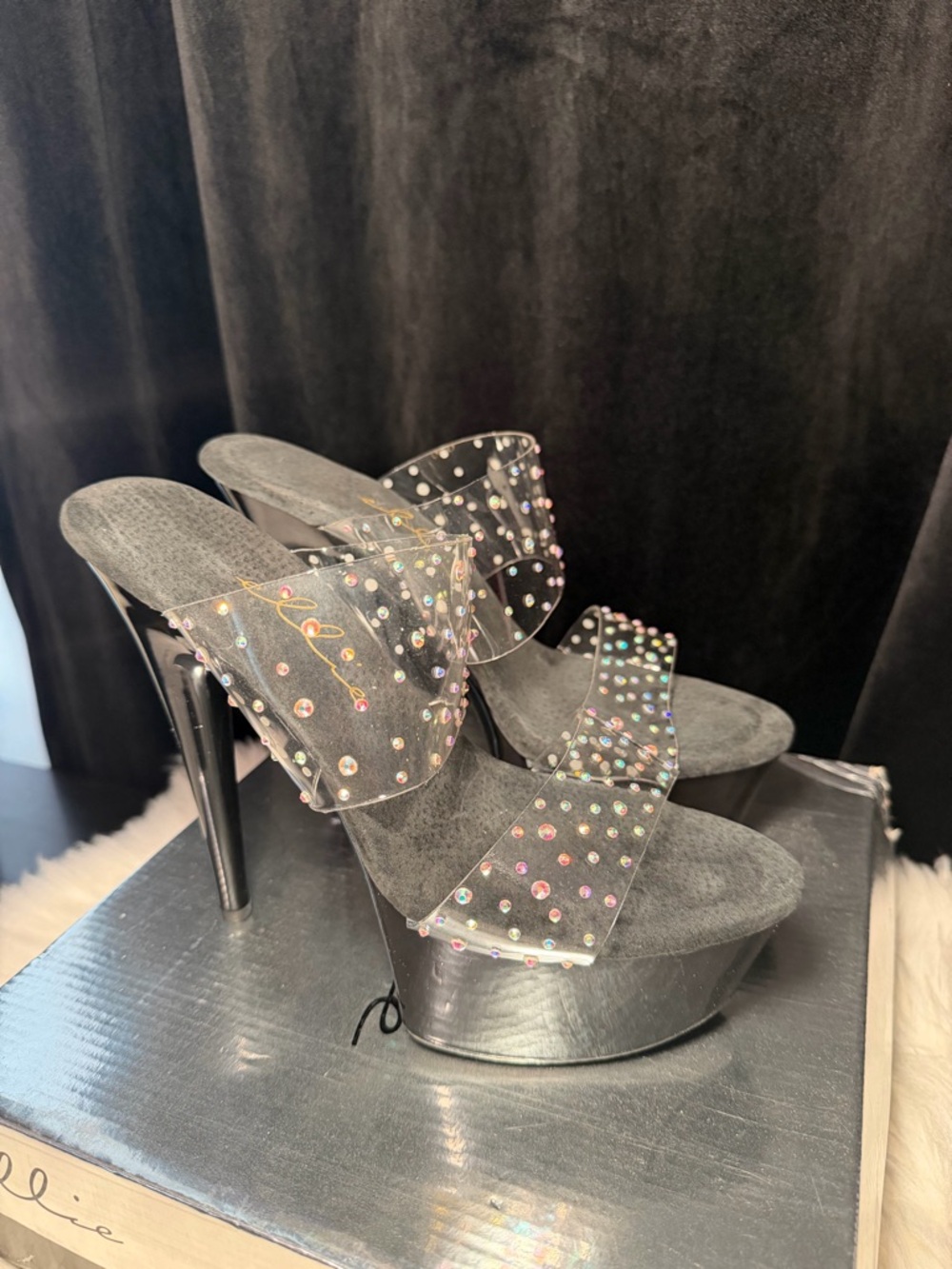 Ellie Black Platform Heels with Iridescent Crystal Straps - Picture 7 of 12